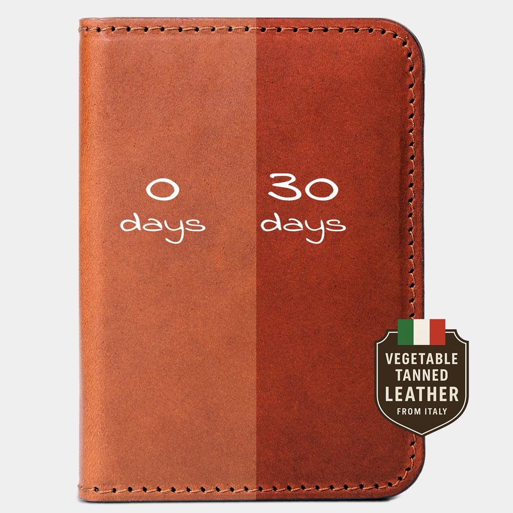 Patina-Vergleich einer cognacfarbenen BeFold Wallet aus Vaquetta-Leder nach 0 und 30 Tagen Nutzung.