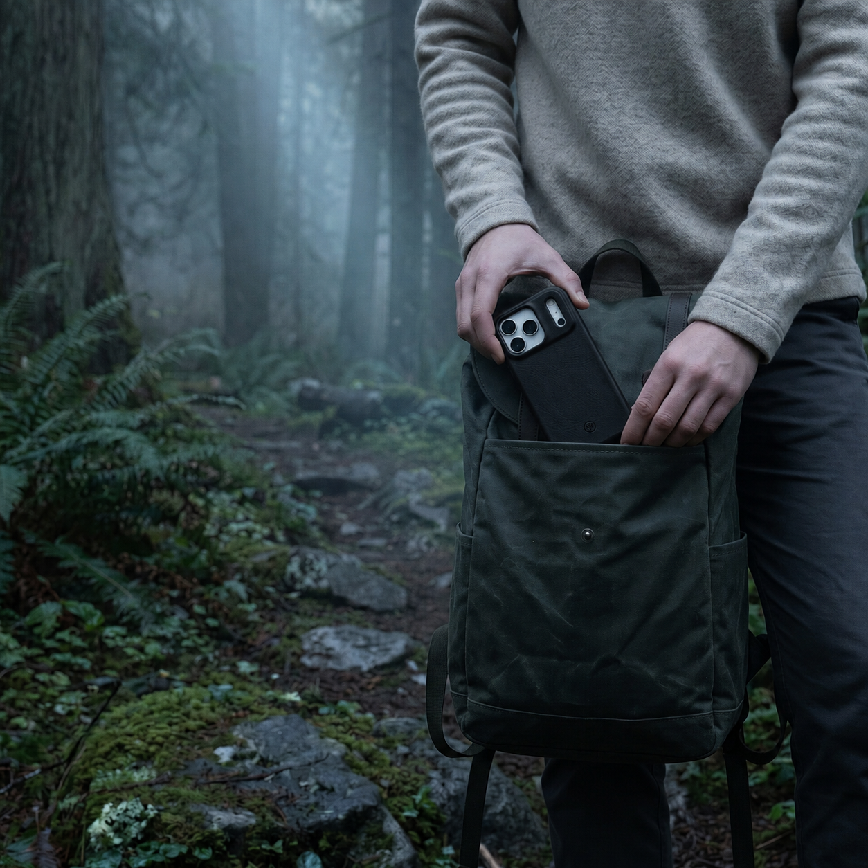 Ein Wanderer steckt seine schwarze iPhone 17 Pro Max Hülle aus Leder und TPU Rahmen in seinen Wanderrucksack