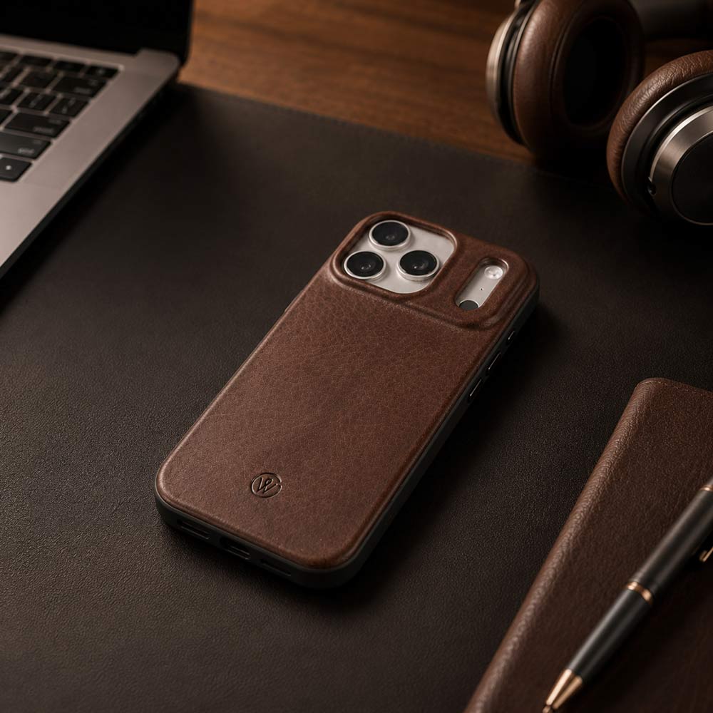 iPhone 17 Pro Hülle aus Leder und TPU Material iegt auf einem Schreibtisch